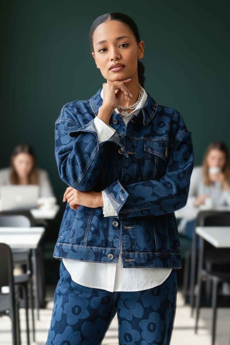 Дамско дънково яке ''Dragonfly'' в тъмносиньо с принт светли цветя