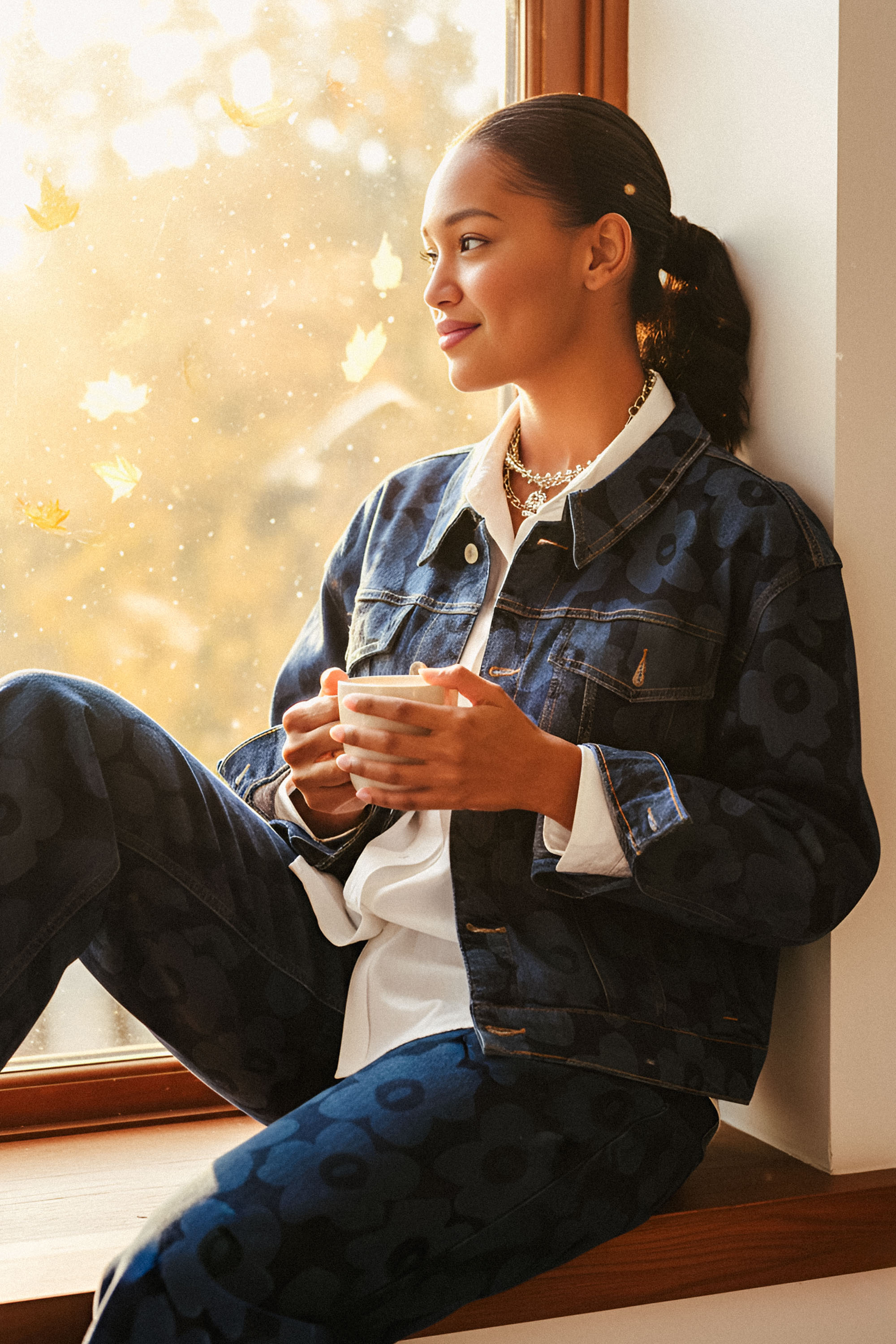 Дамско дънково яке ''Dragonfly'' в тъмносиньо с принт светли цветя