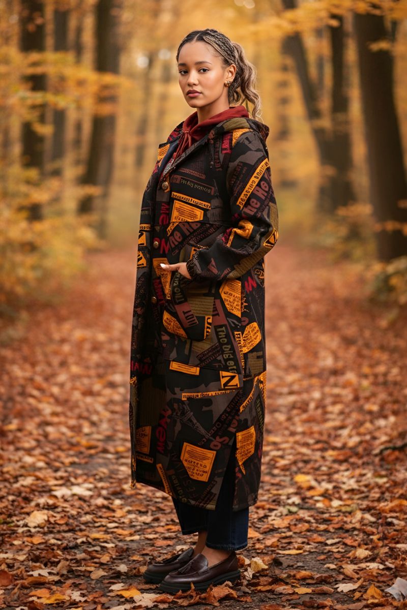 Дамско ватирано палто в черно с принт надписи в жълто кафяво и червено