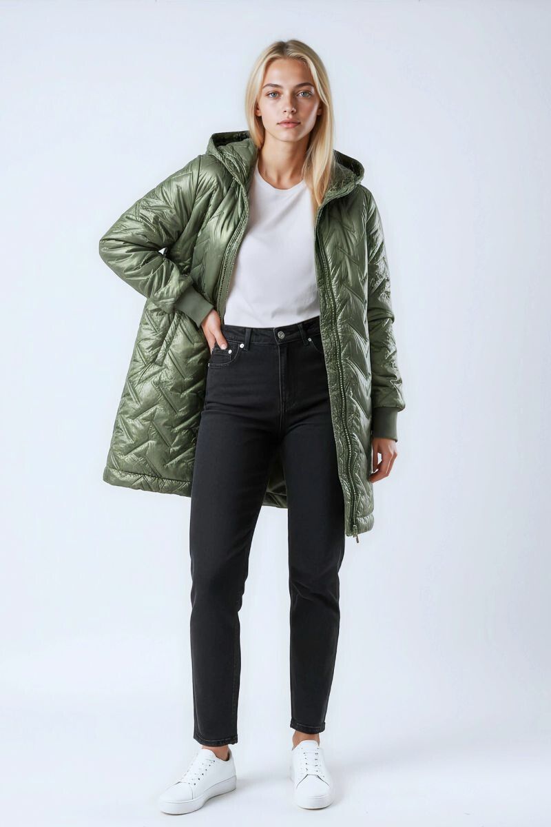 Дамско яке с удължена кройка в зелено и декоративни капитонирани ленти