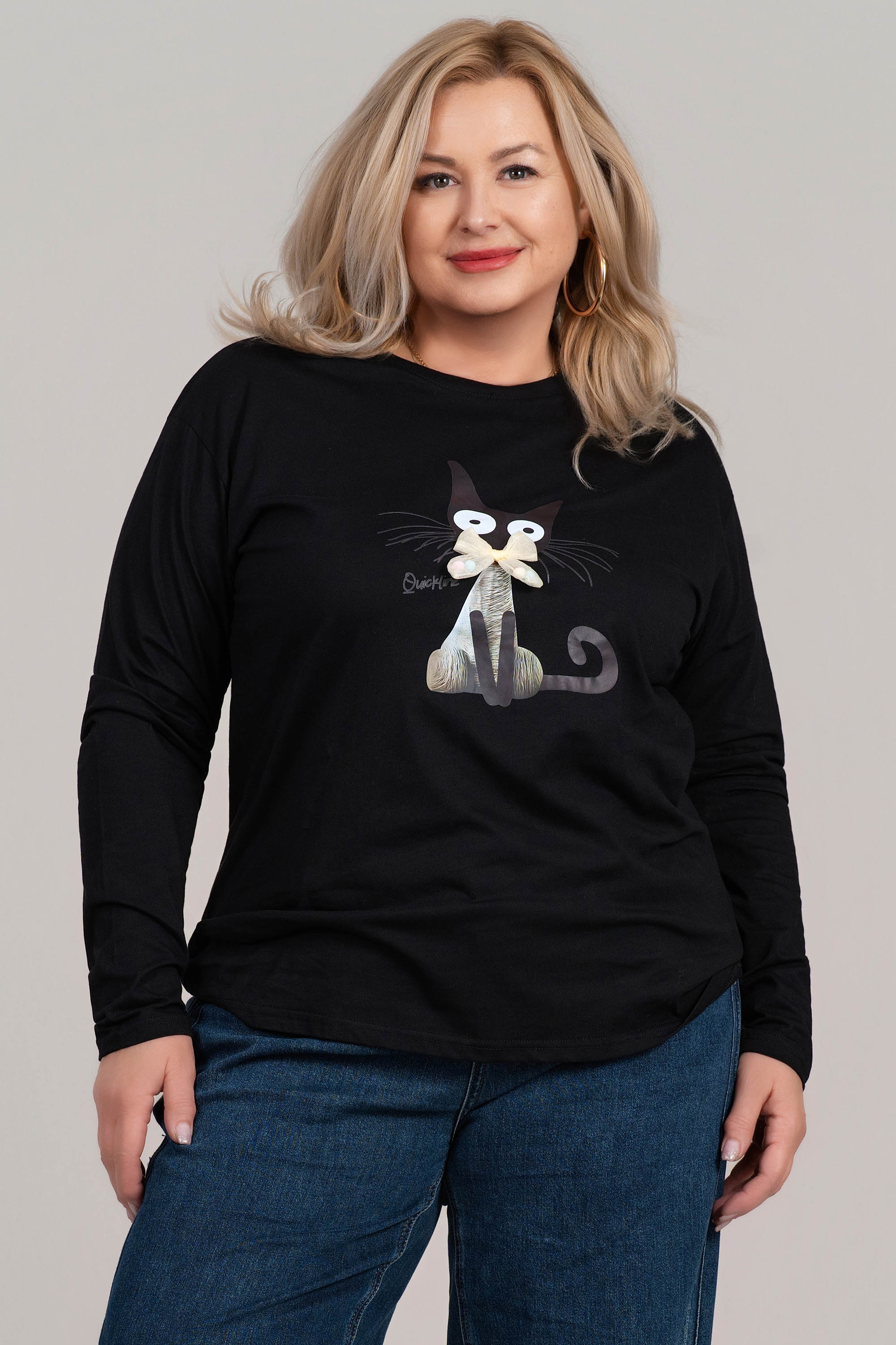 МАКСИ блуза от памук в черно с щампа котка