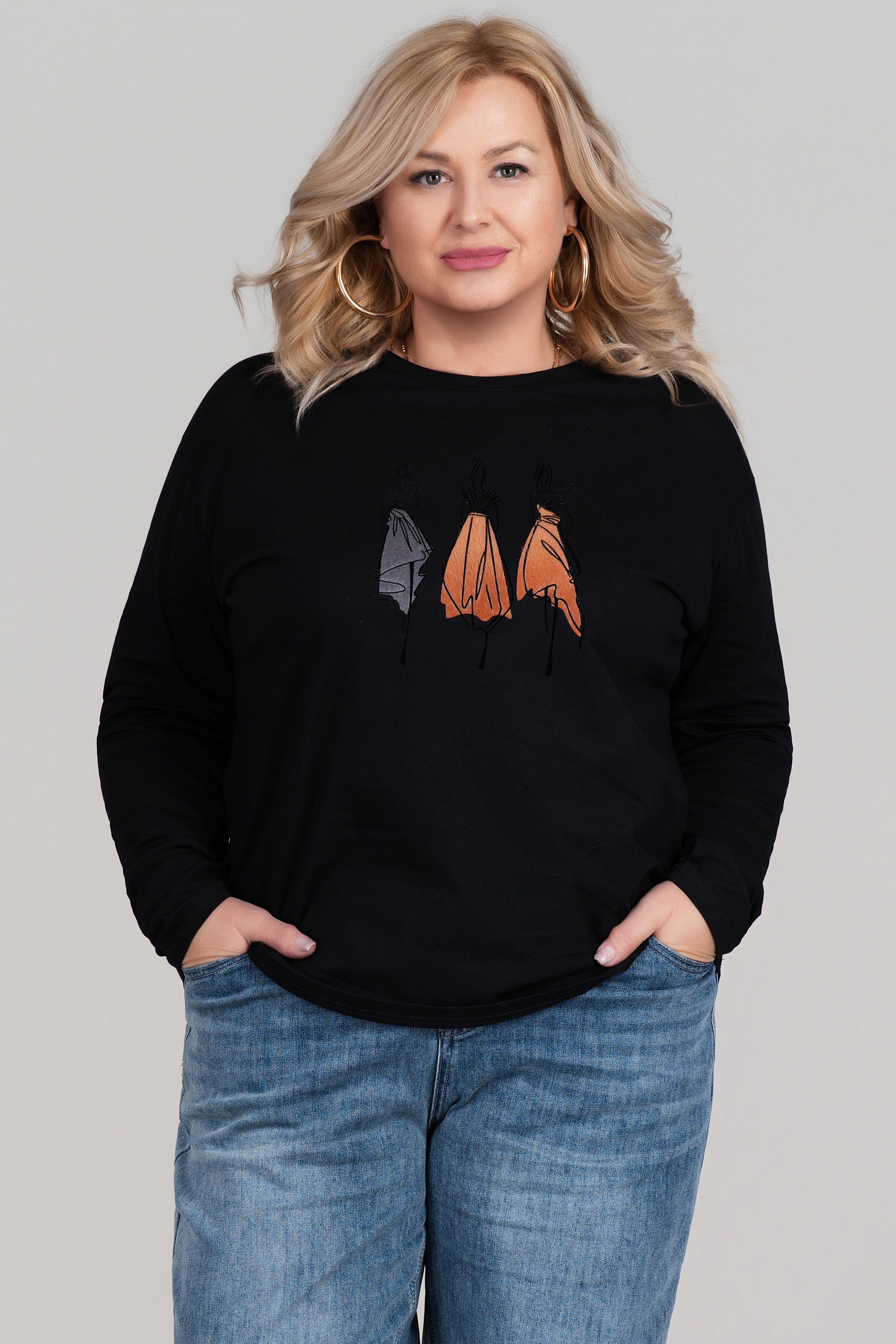 МАКСИ блуза от памук в черно с щампа три момичета