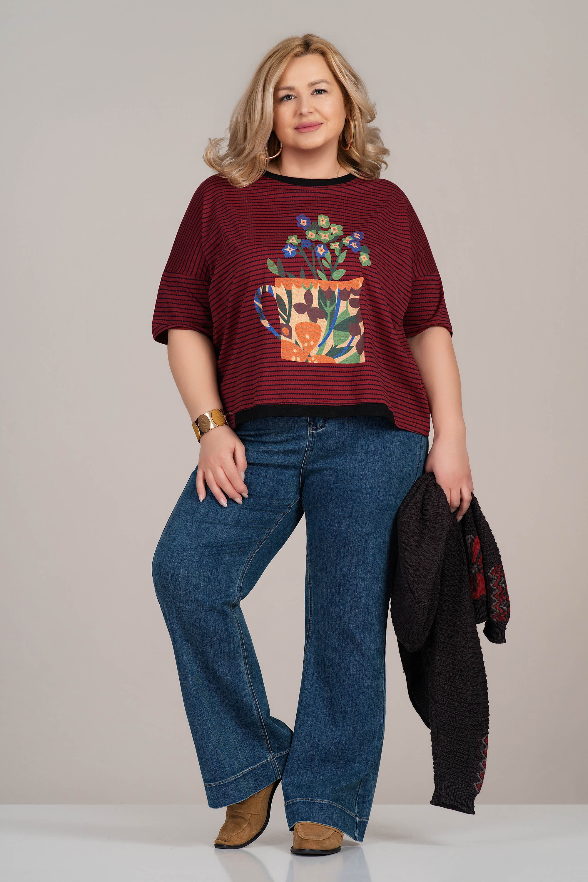 Макси блуза от памук в червено с райран принт и щампа