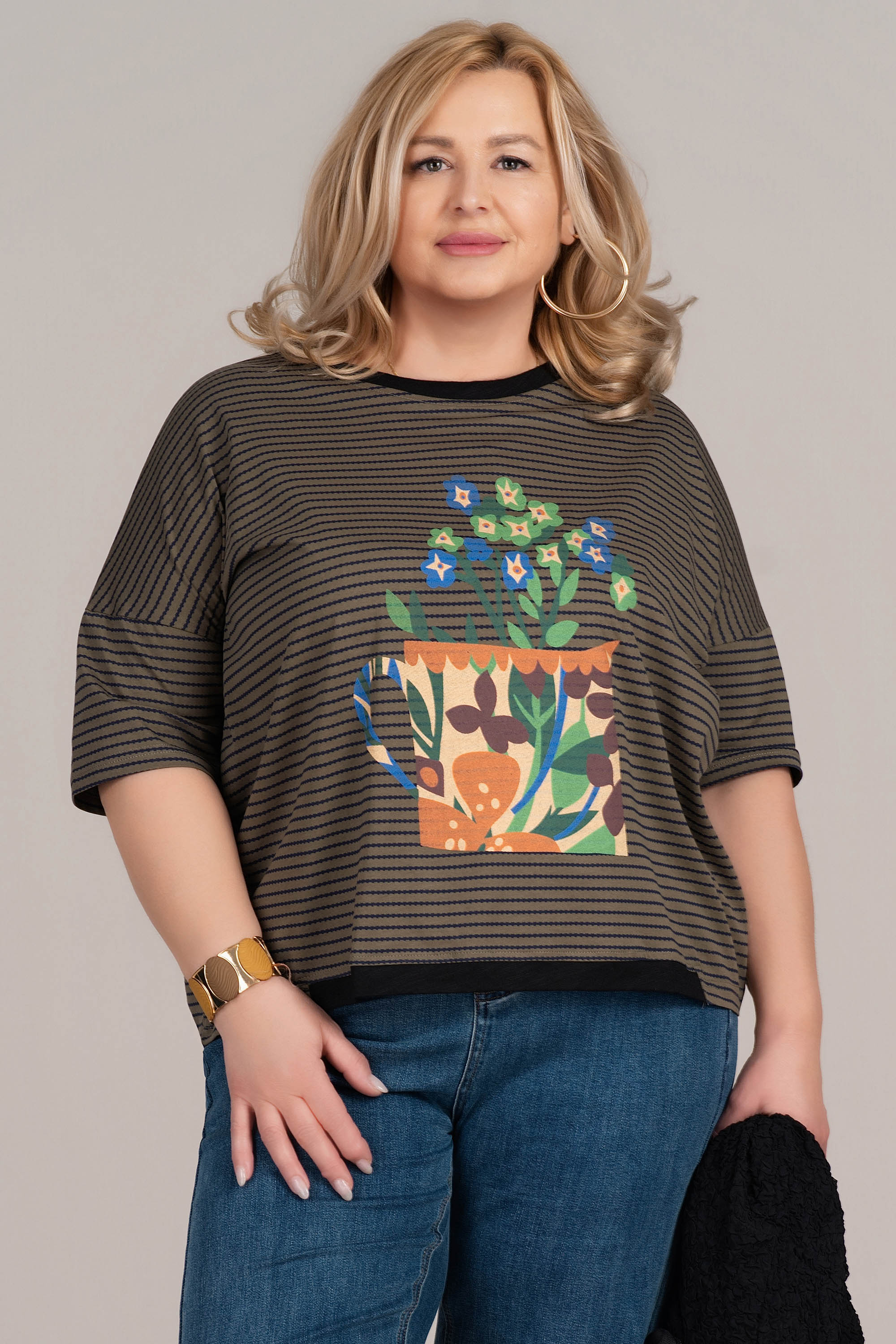 Макси блуза от памук в зелено с райран принт и щампа