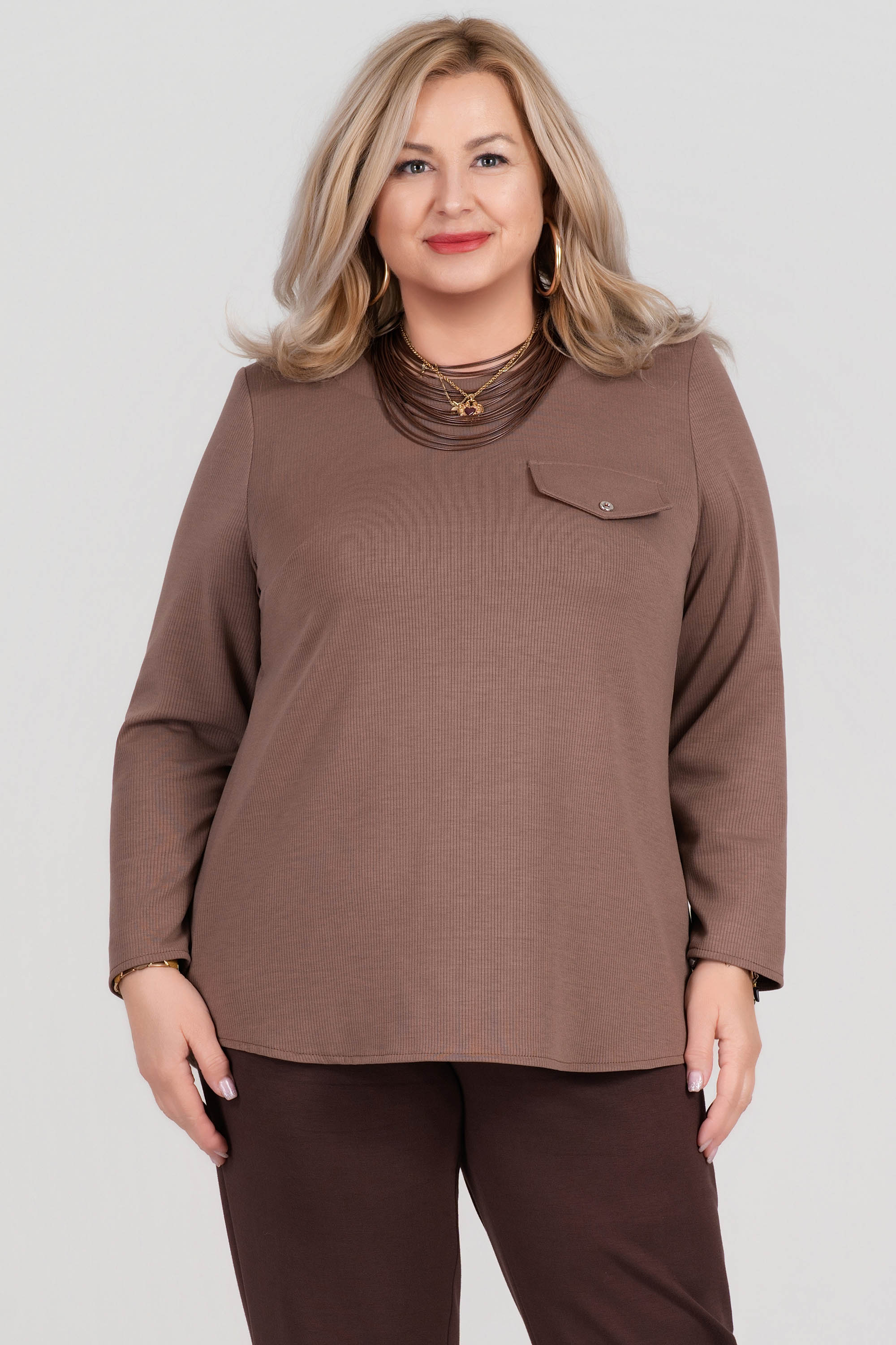 МАКСИ блуза в бежово от плътна раирана материя и декоративен джоб с капак