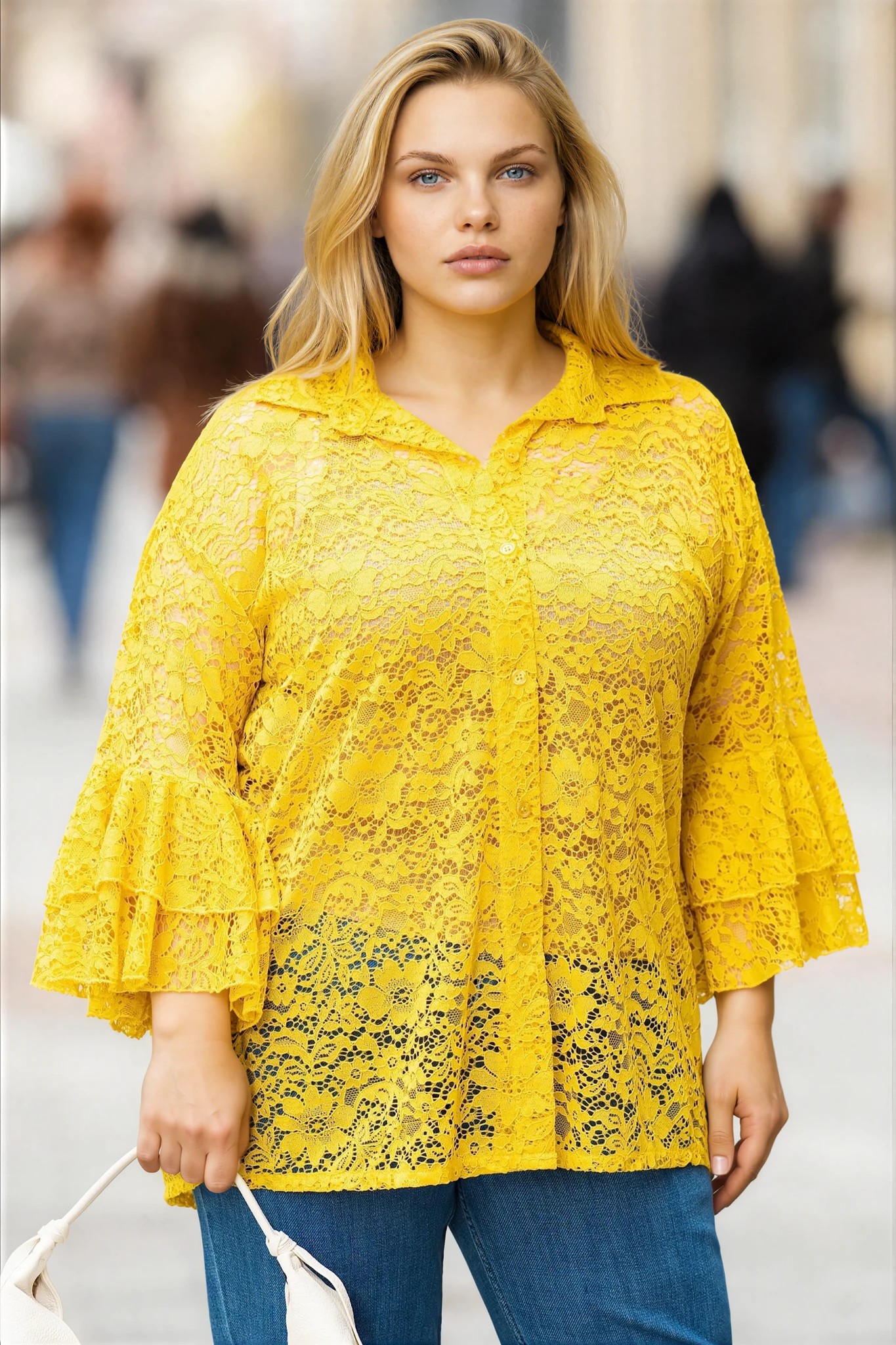Макси жълта риза от рязана дантела с ефектен ръкав