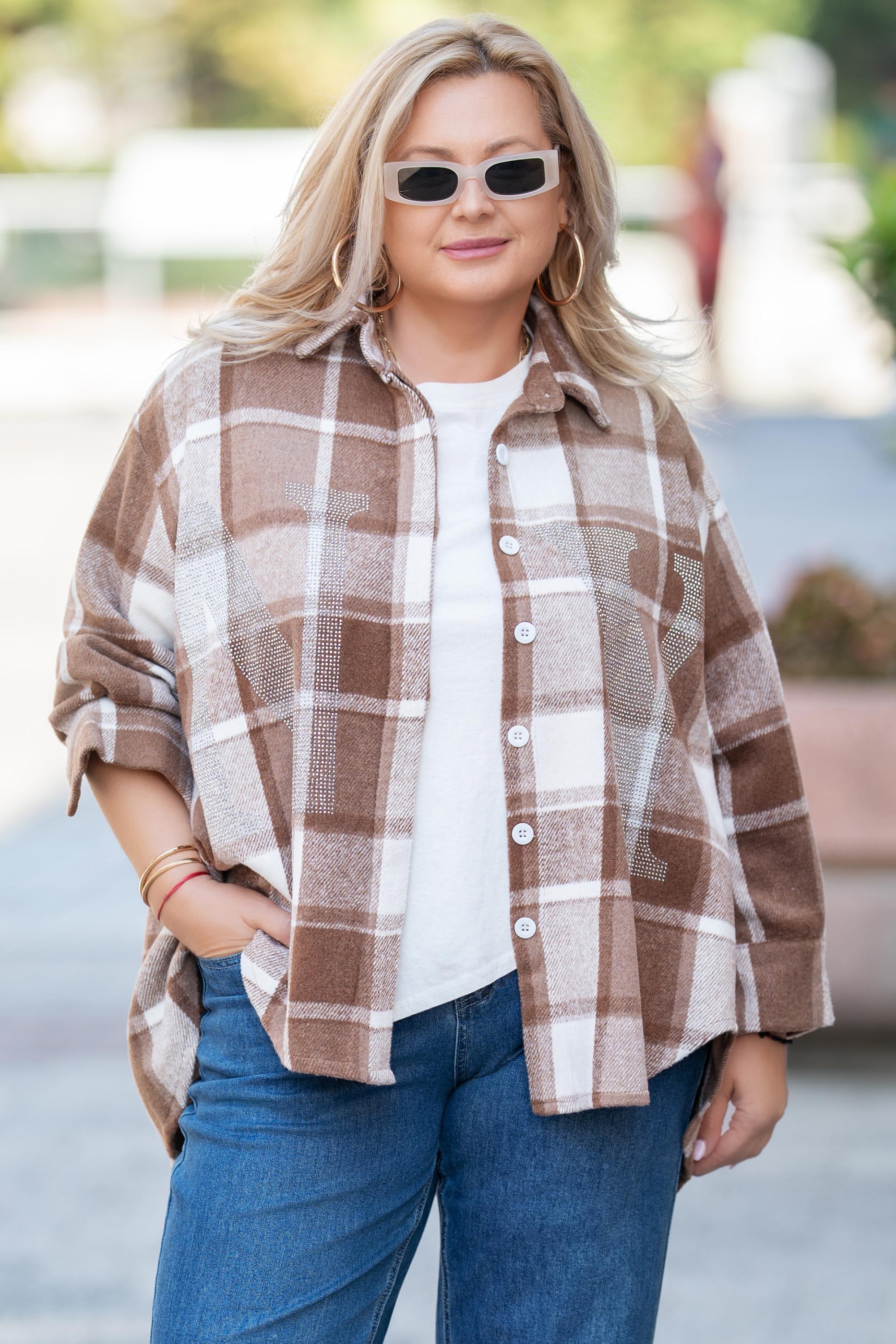 Макси карирана риза в бяло и кафяво