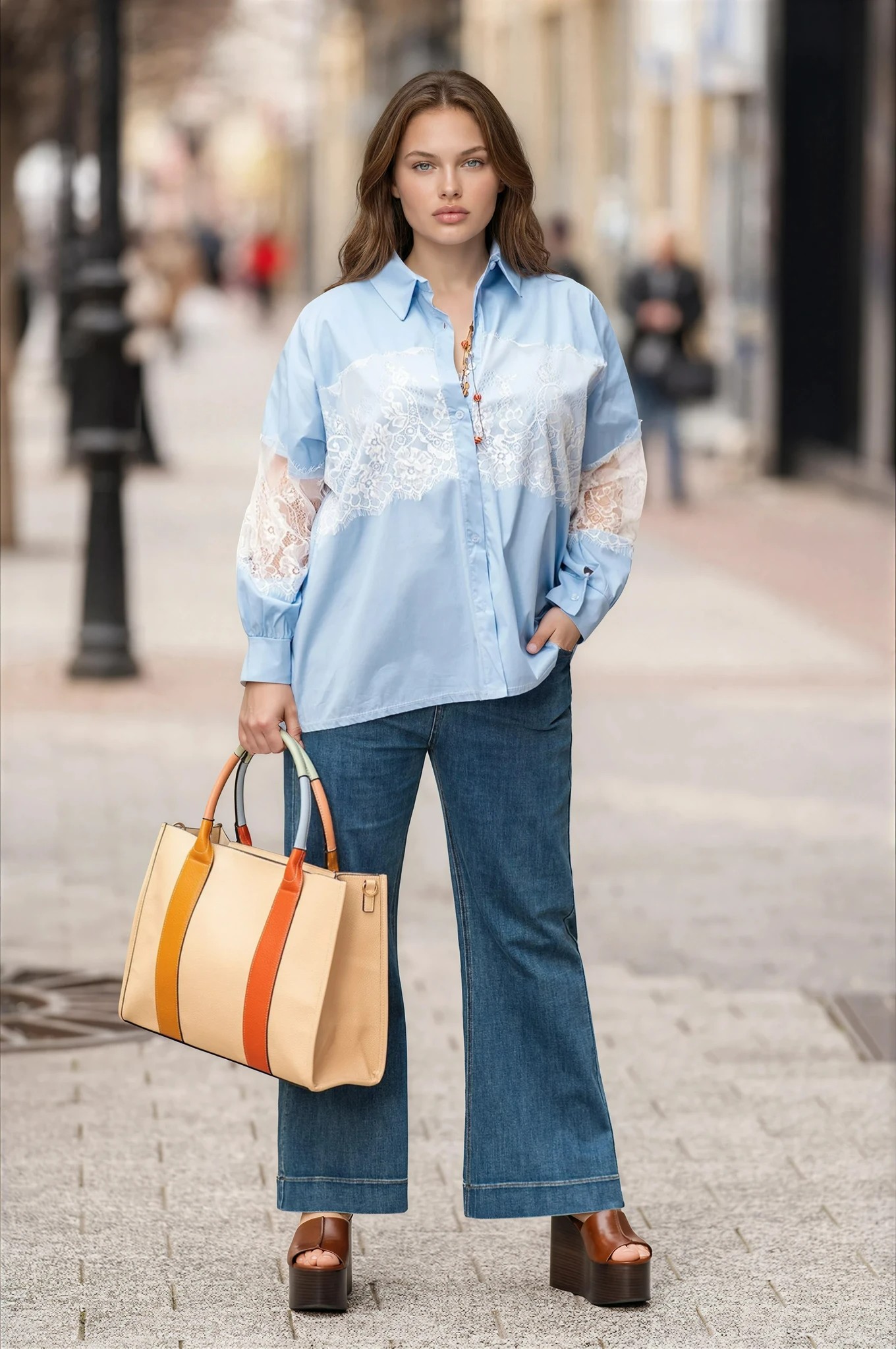 Макси памучна риза в светлосиньо с декоративна бяла дантела и издълже