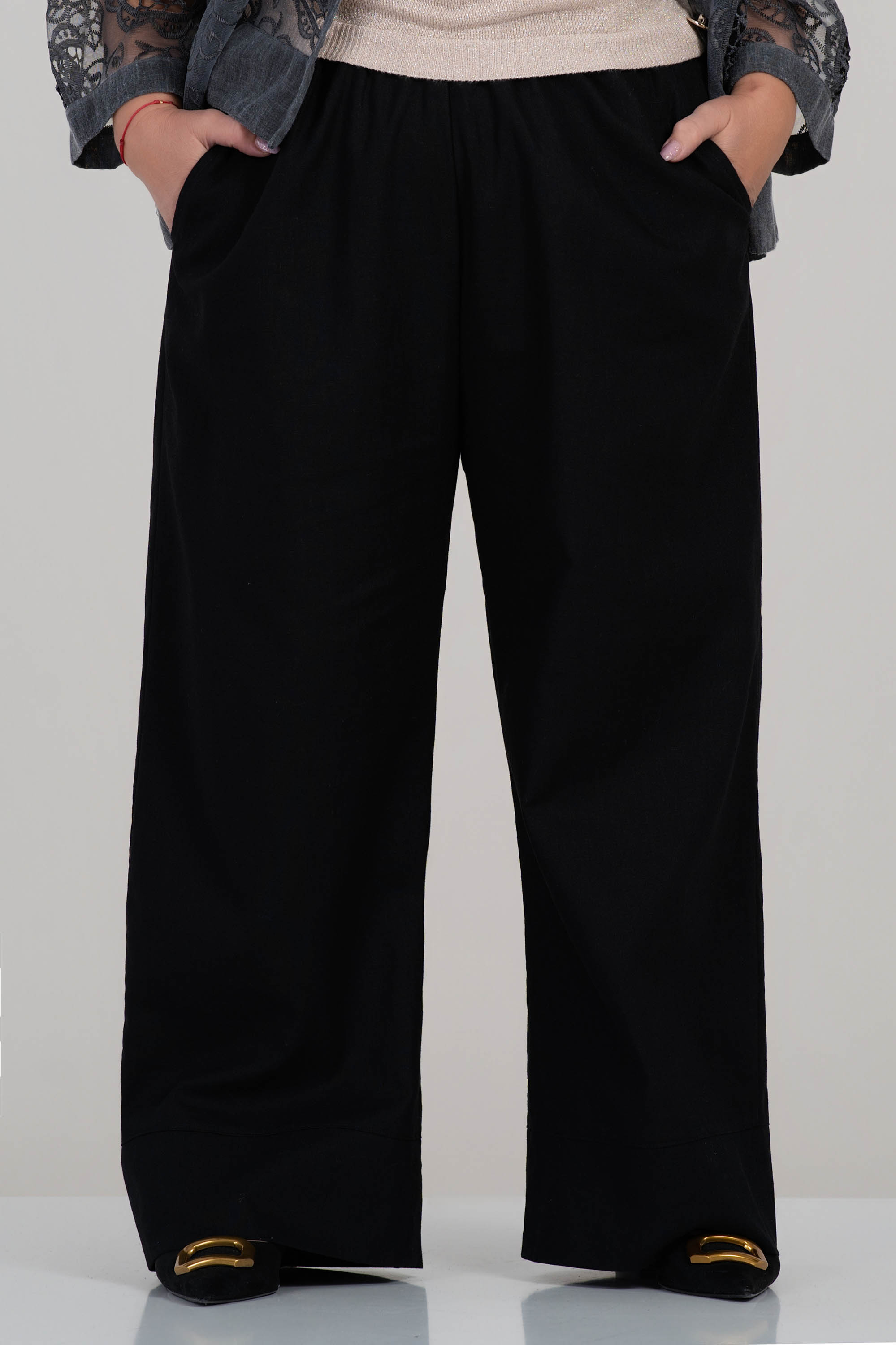 МАКСИ панталон от лен в черно с ластик в талията