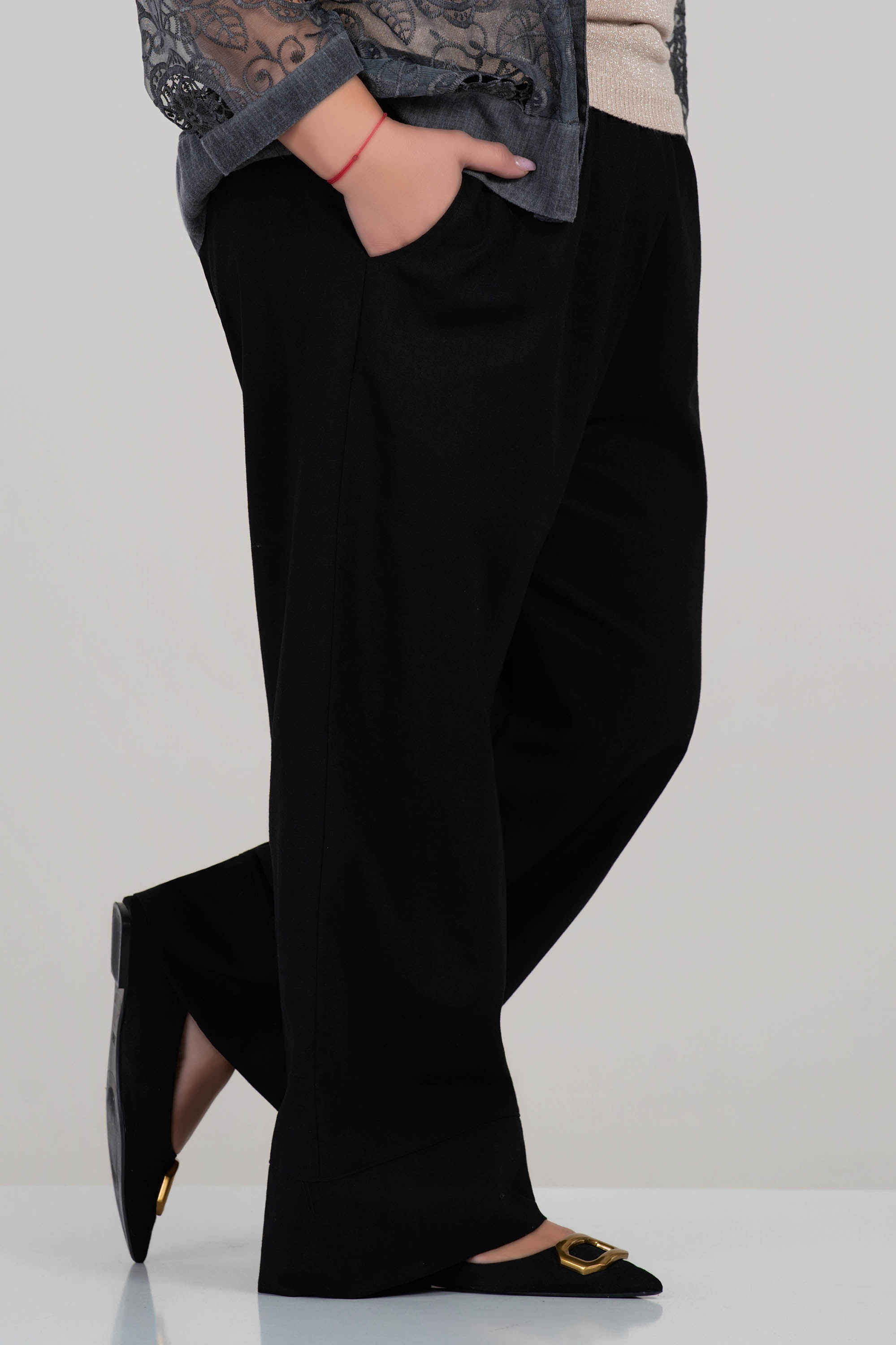 МАКСИ панталон от лен в черно с ластик в талията