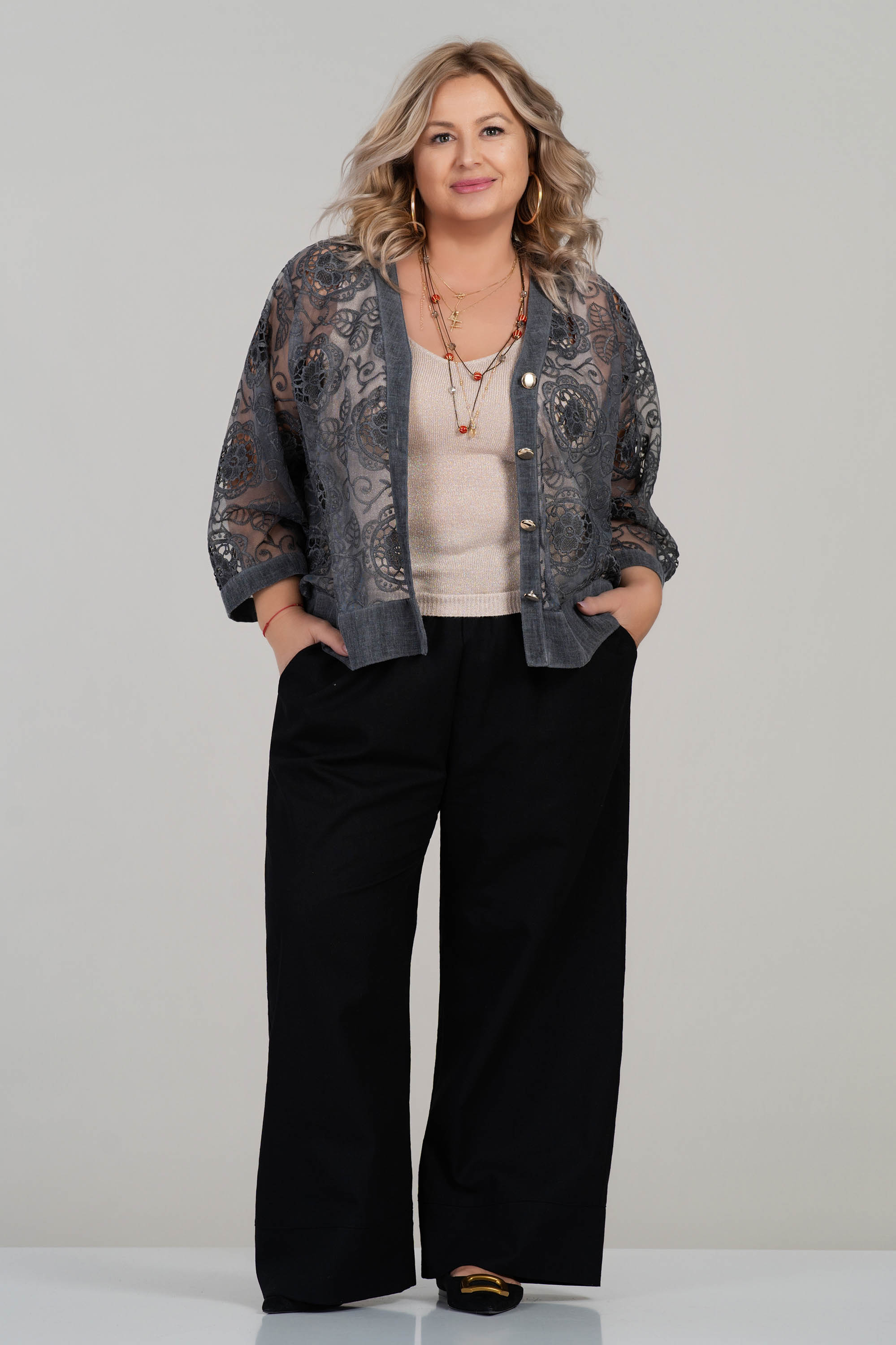 МАКСИ панталон от лен в черно с ластик в талията