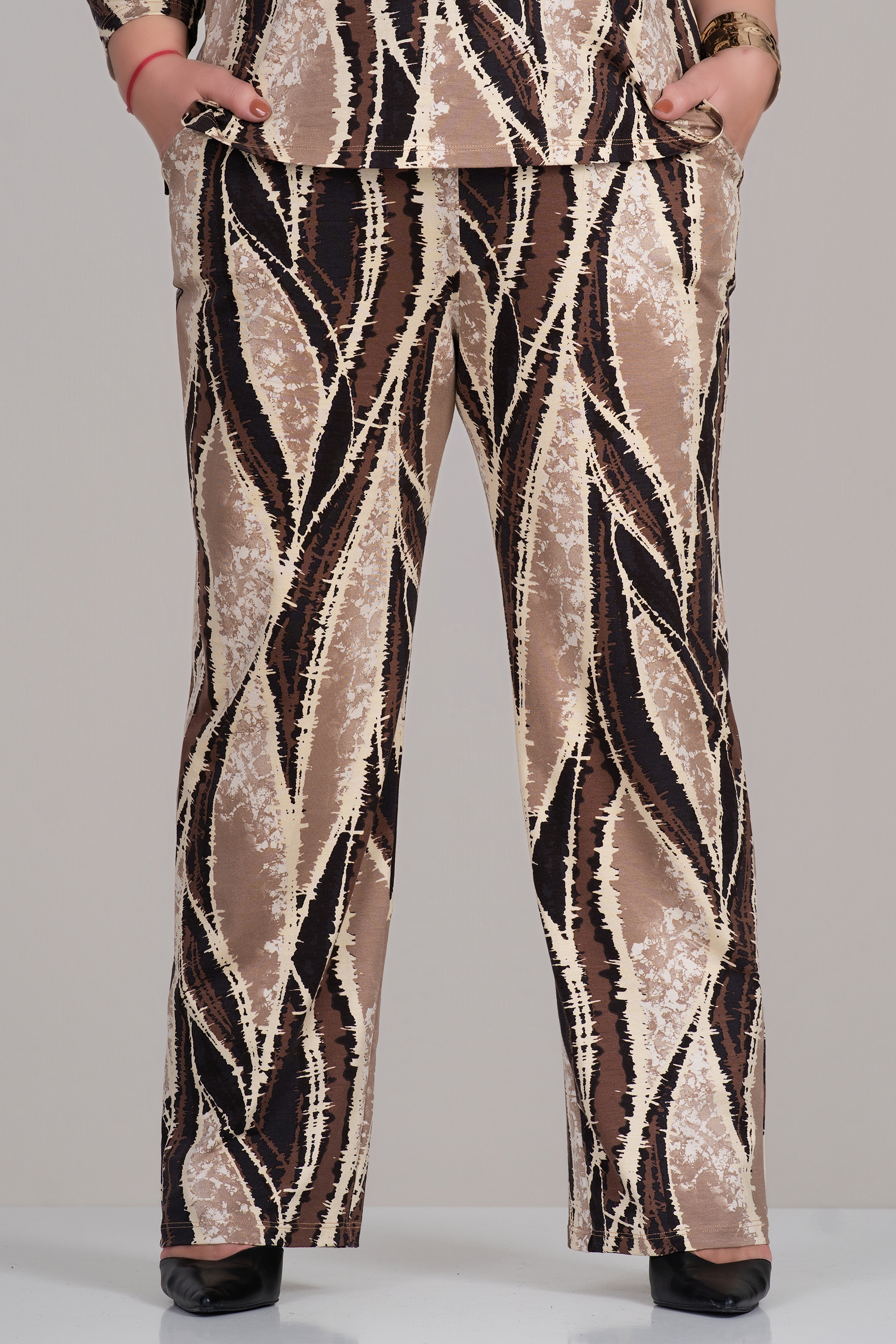 МАКСИ панталон с абстрактен принт в кафяво и бежово