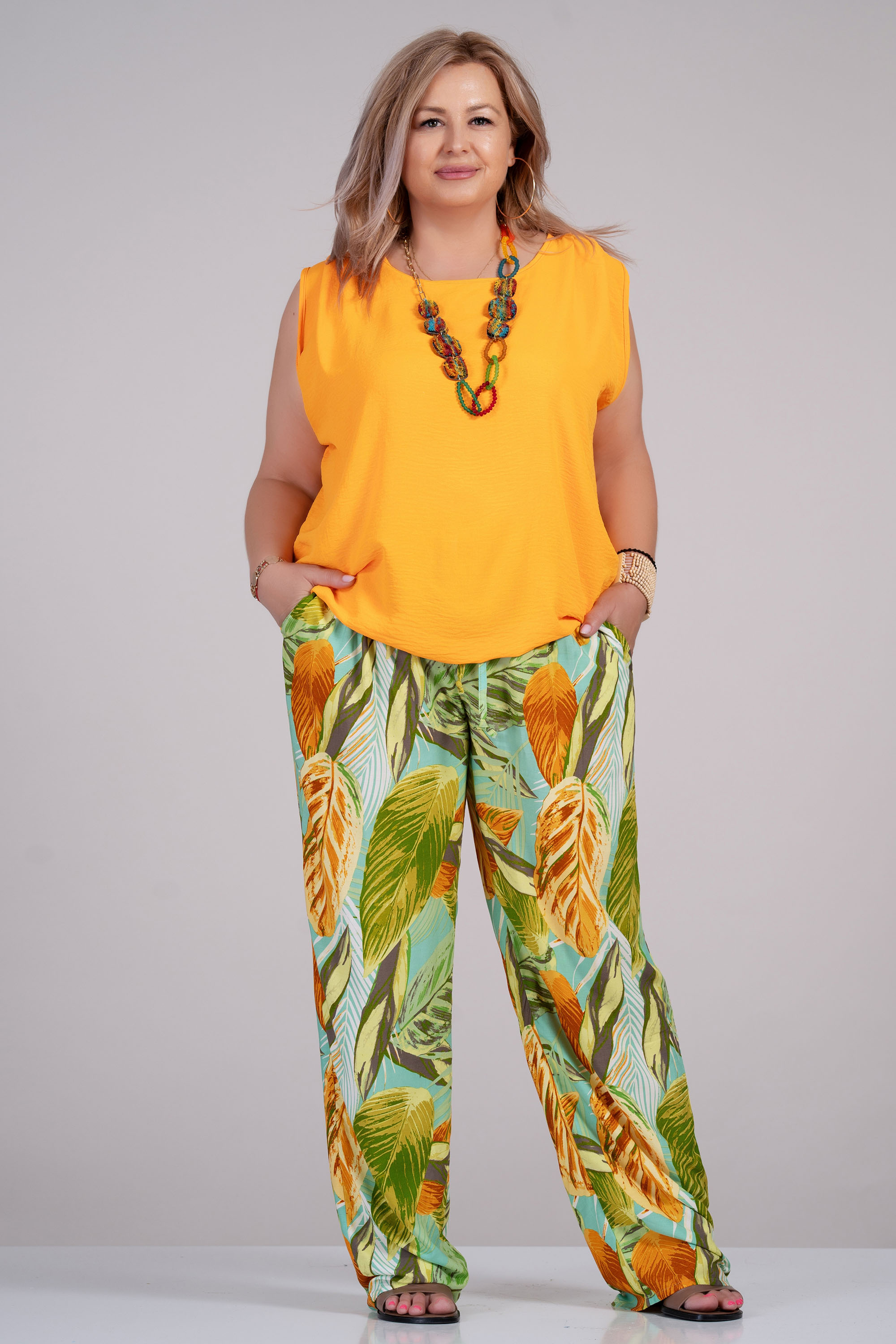 МАКСИ панталон с принт листа в жълто, кафяво и зелено