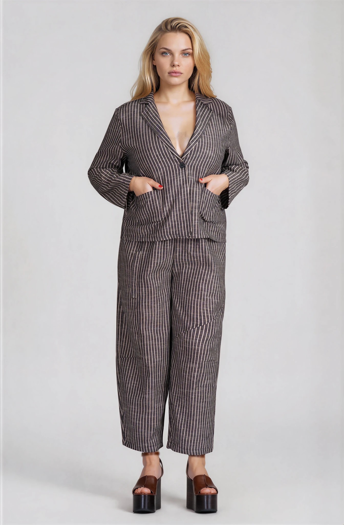 МАКСИ раиран комплект от сако и панталон в сиво