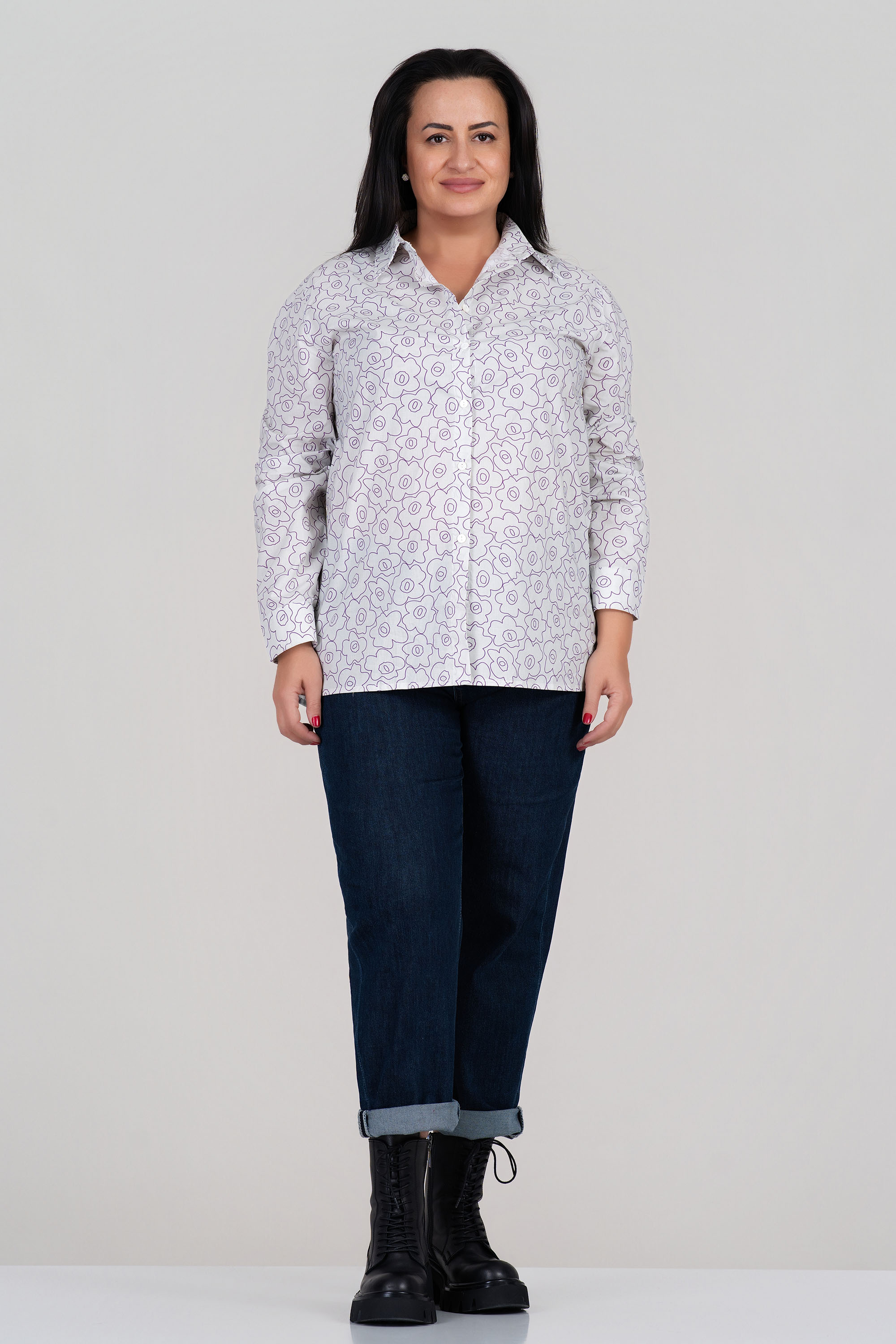 МАКСИ риза ''Dragonfly'' от памук в бяло с лилав флорален принт