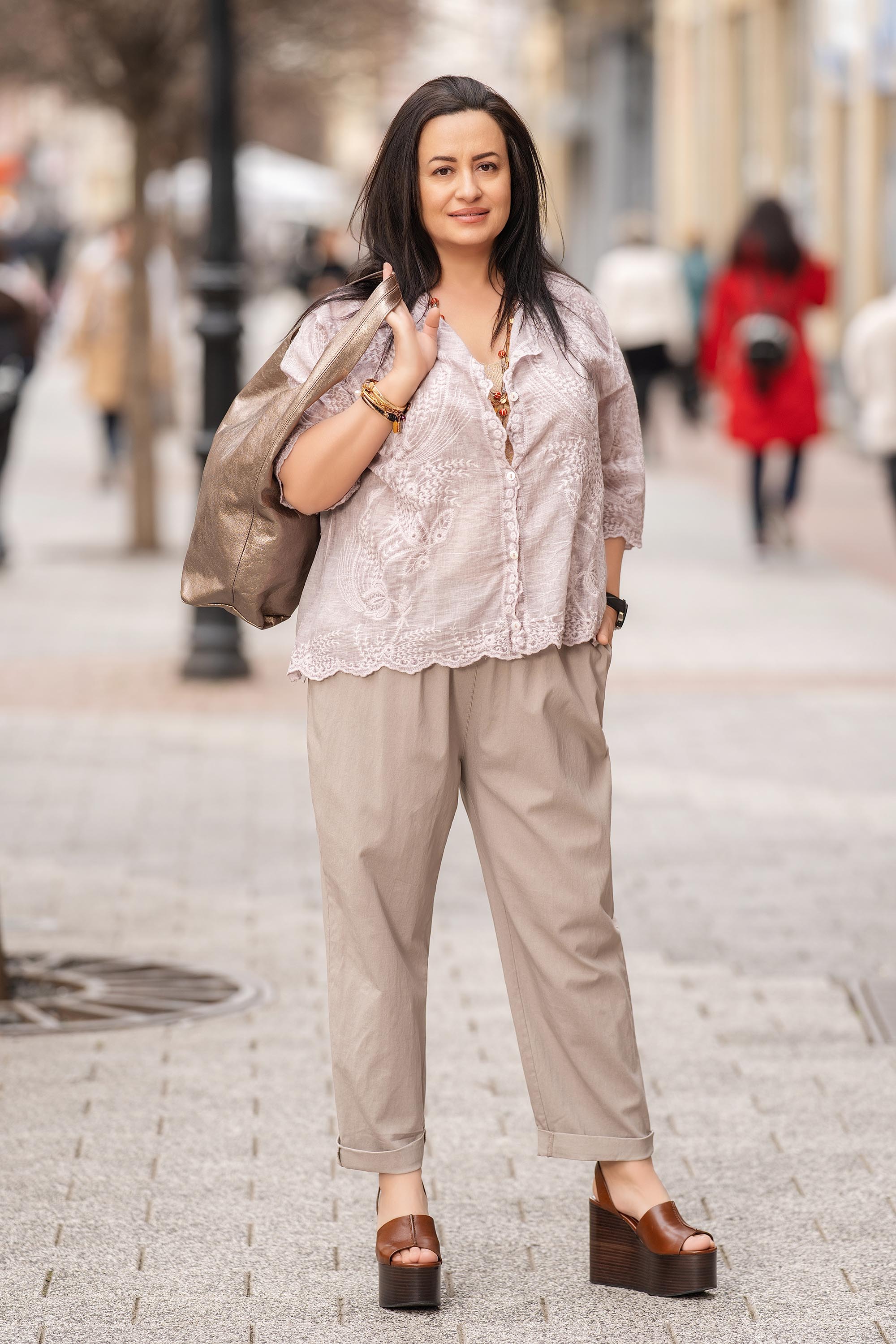 Макси риза от памук в светлолилаво с бродерия и 3/4 ръкав