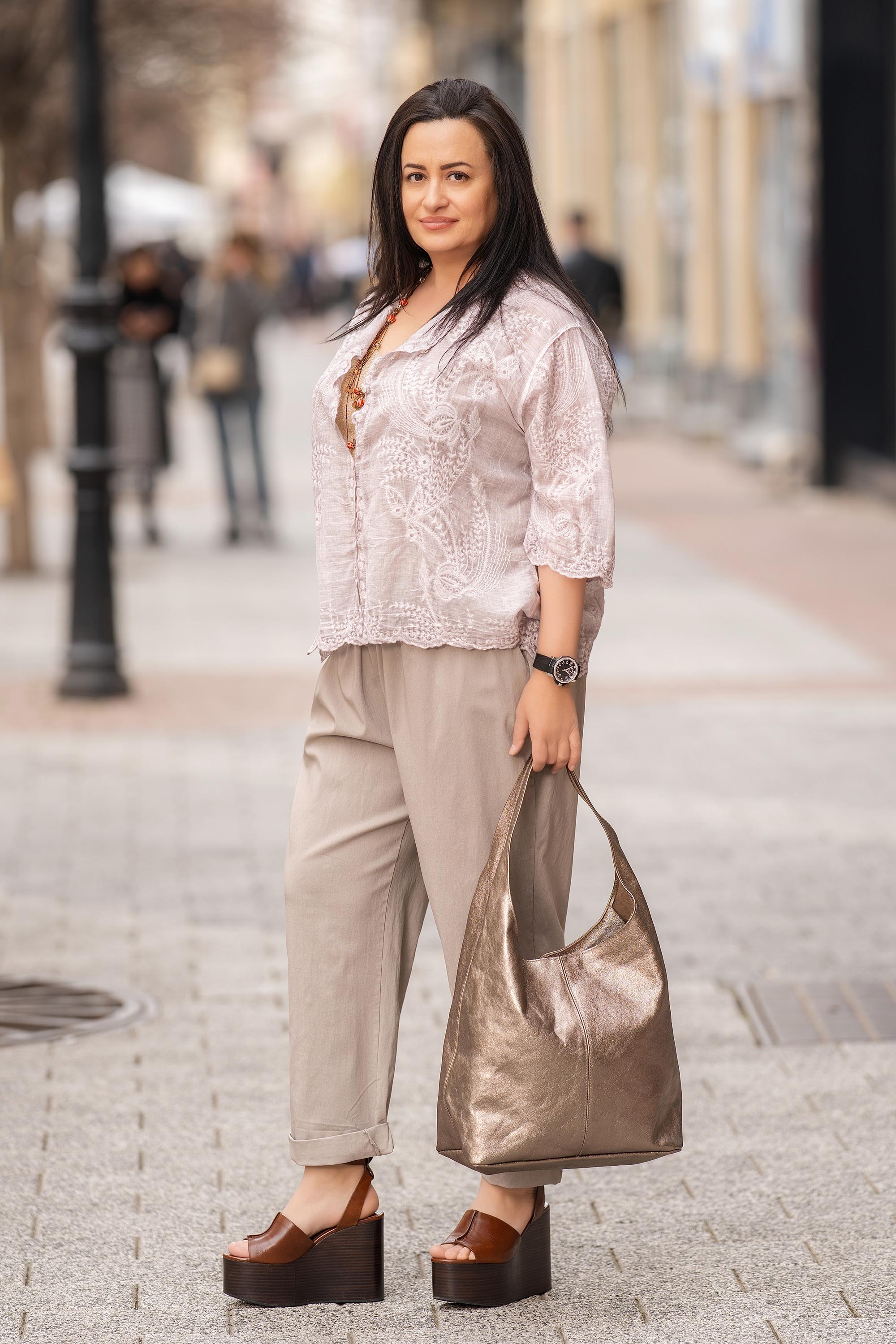 Макси риза от памук в светлолилаво с бродерия и 3/4 ръкав