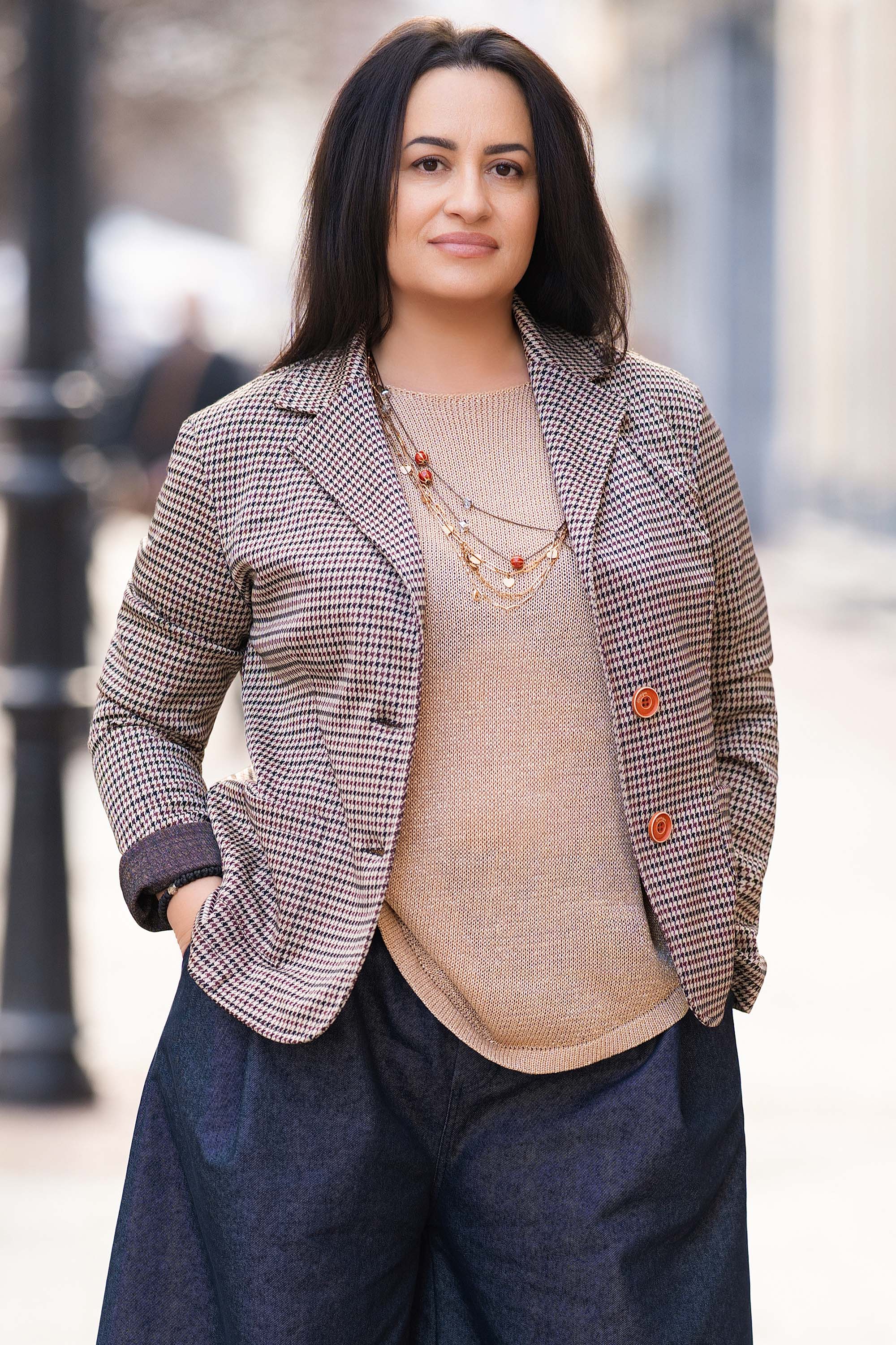 Макси сако в бежово с принт пепит