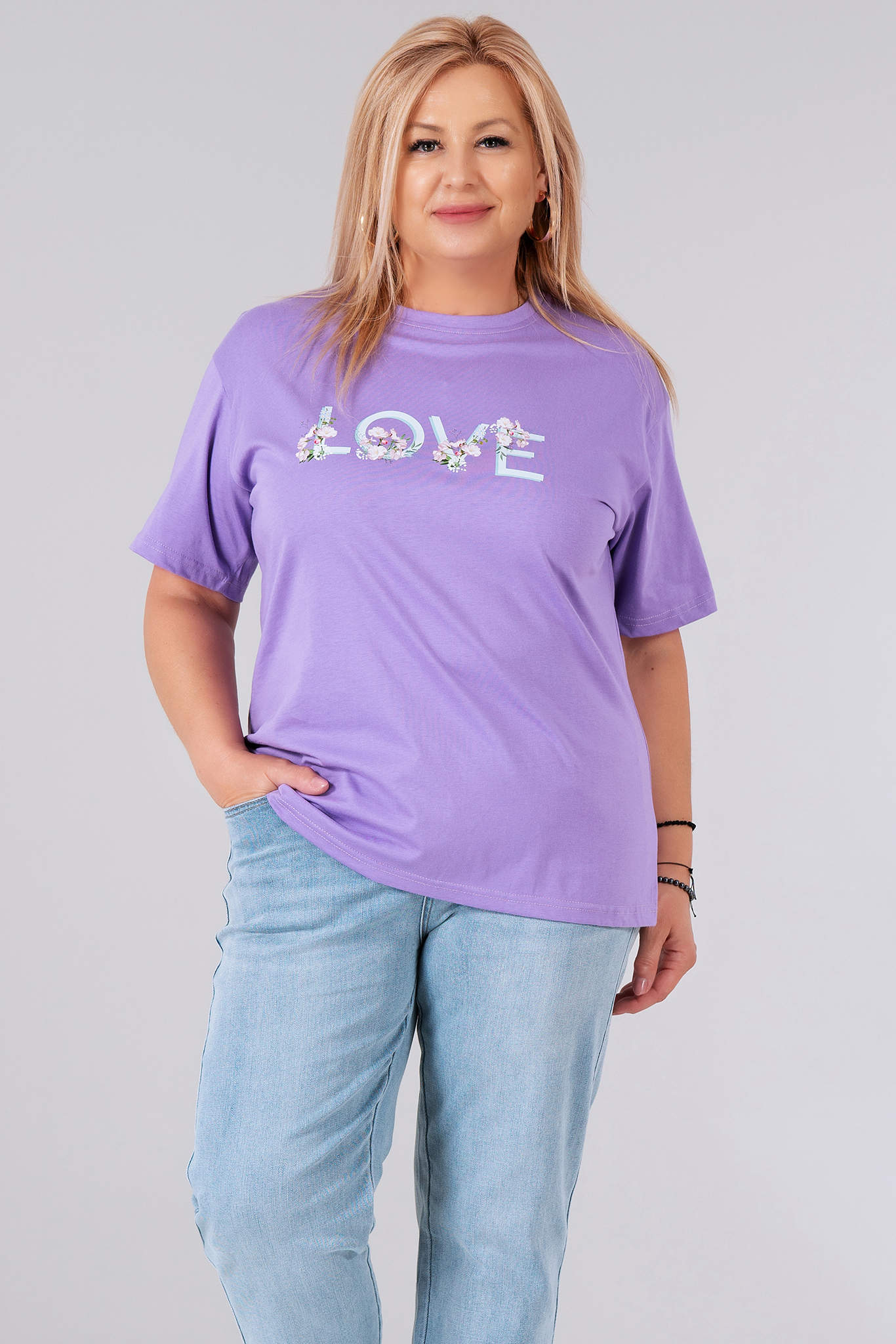 МАКСИ тениска от памук в лилаво с щампа 