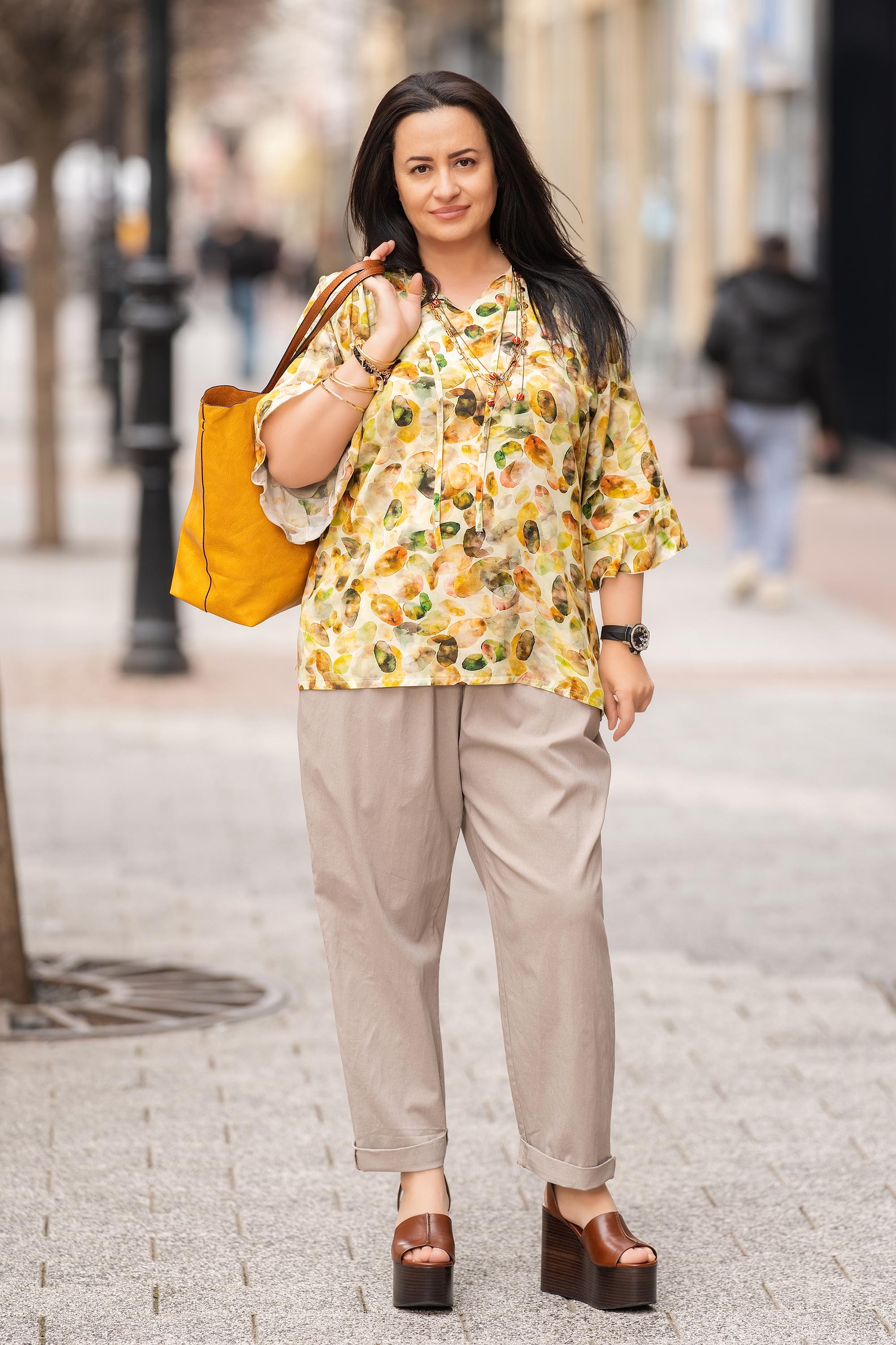 Макси туника с принт в кафяво, зелено и жълто