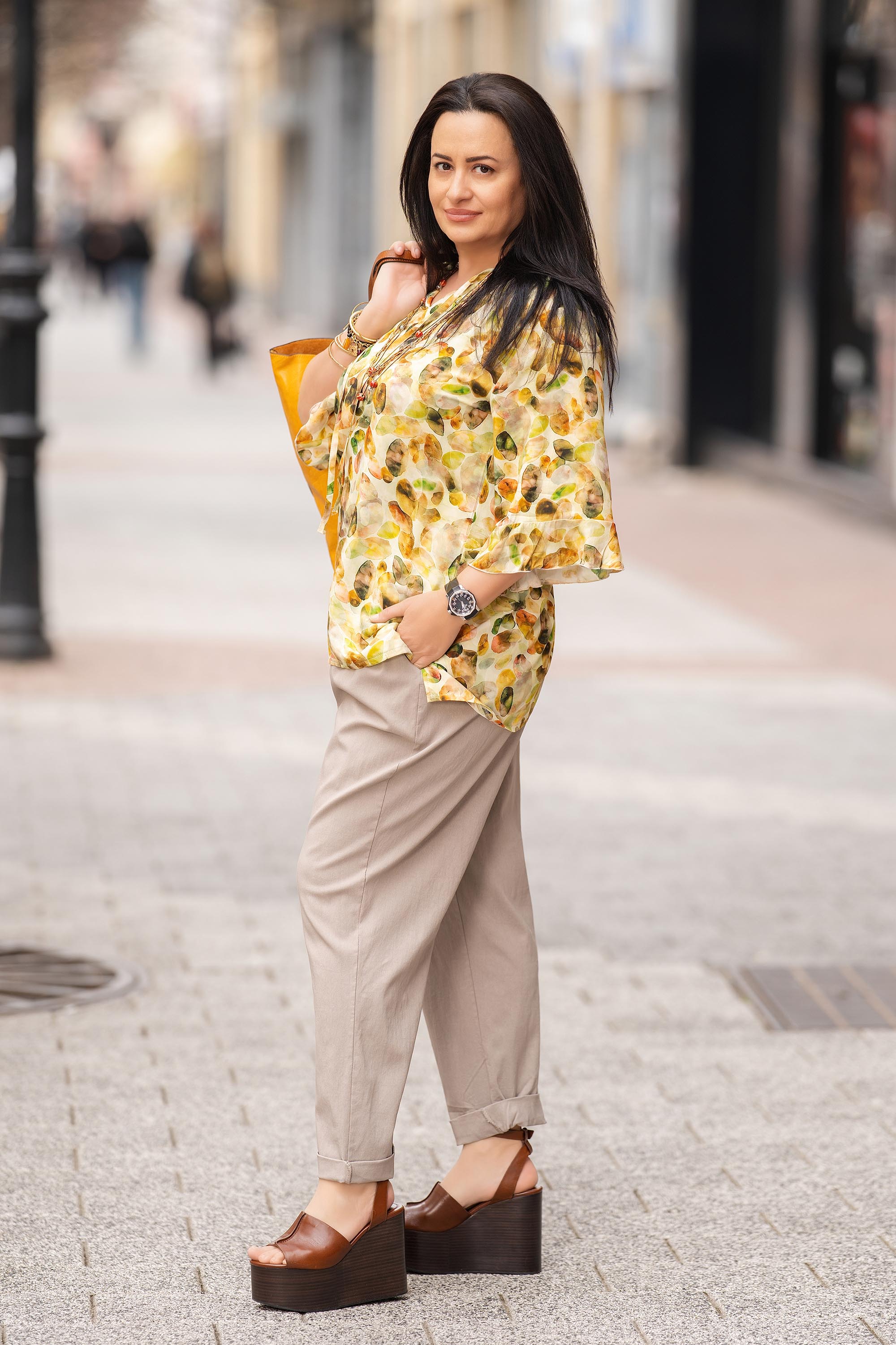 Макси туника с принт в кафяво, зелено и жълто