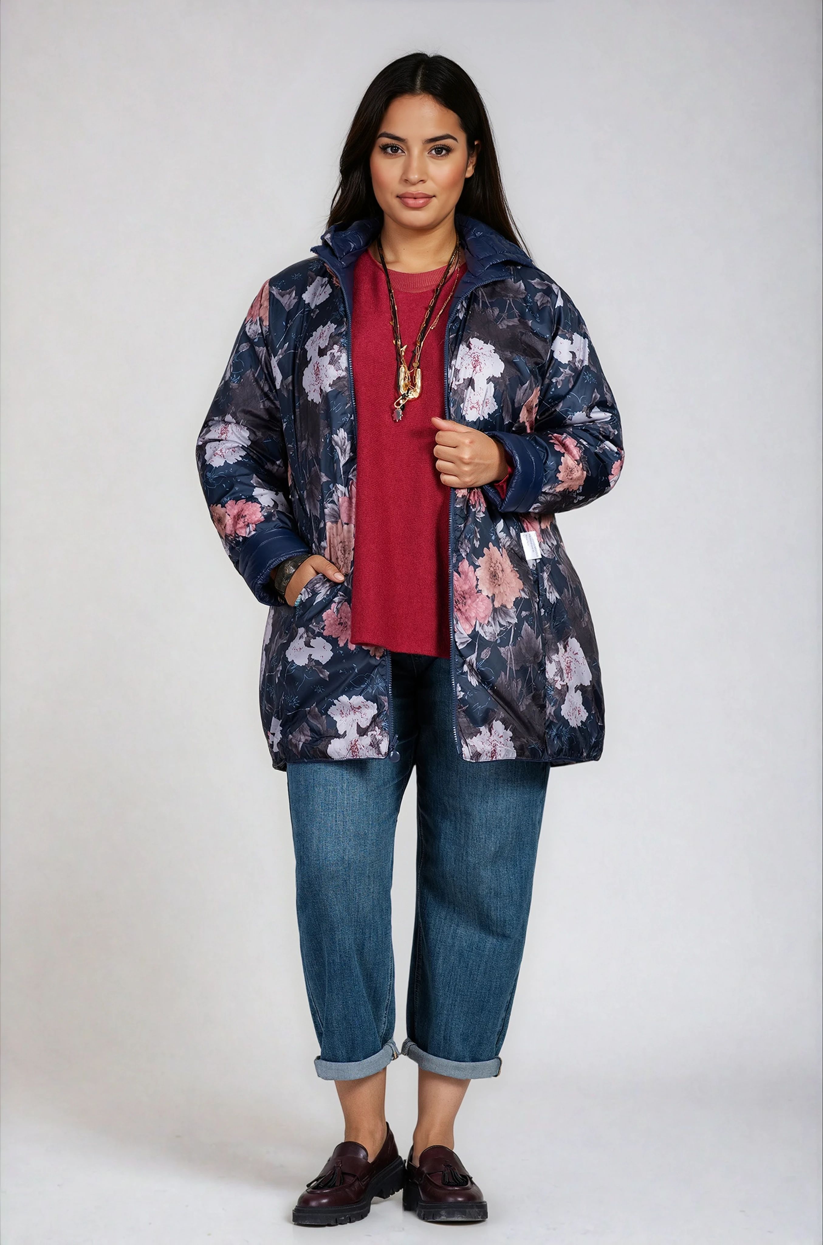 МАКСИ тънко двулицево яке в тъмносиньо с флорална подплата