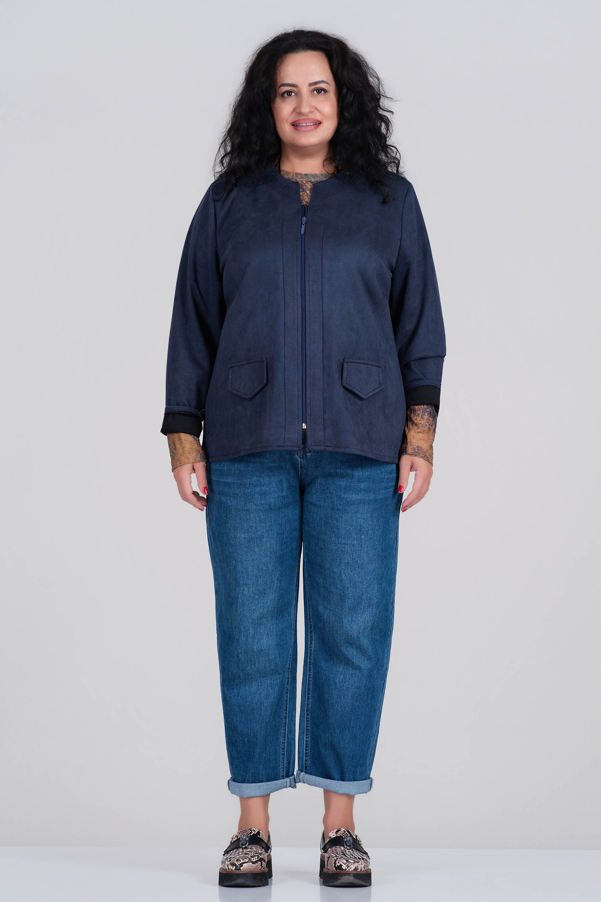 МАКСИ тънко велурено яке тип сако в тъмносиньо