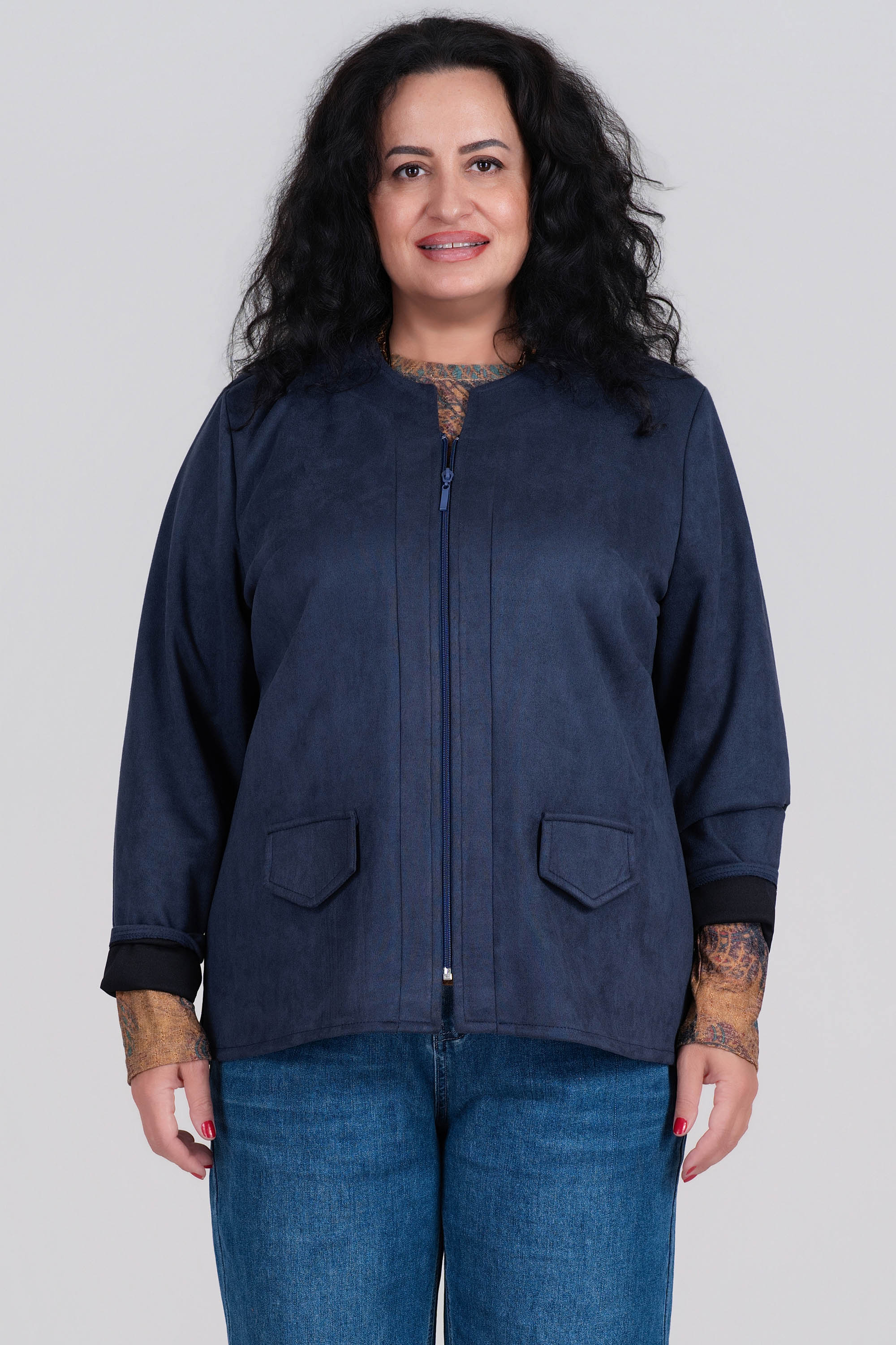 МАКСИ тънко велурено яке тип сако в тъмносиньо