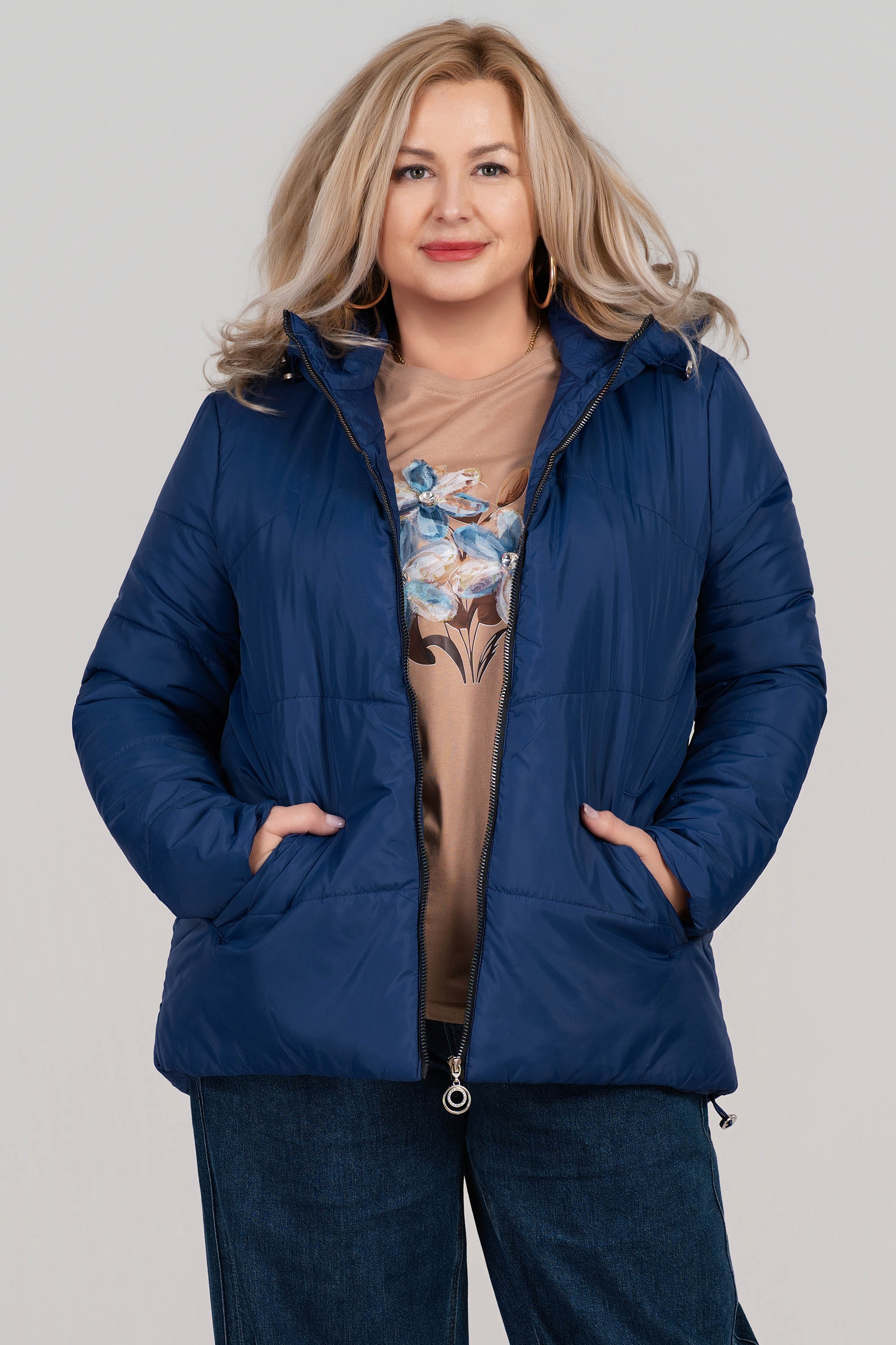 МАКСИ яке в синьо с качулка и метален цип