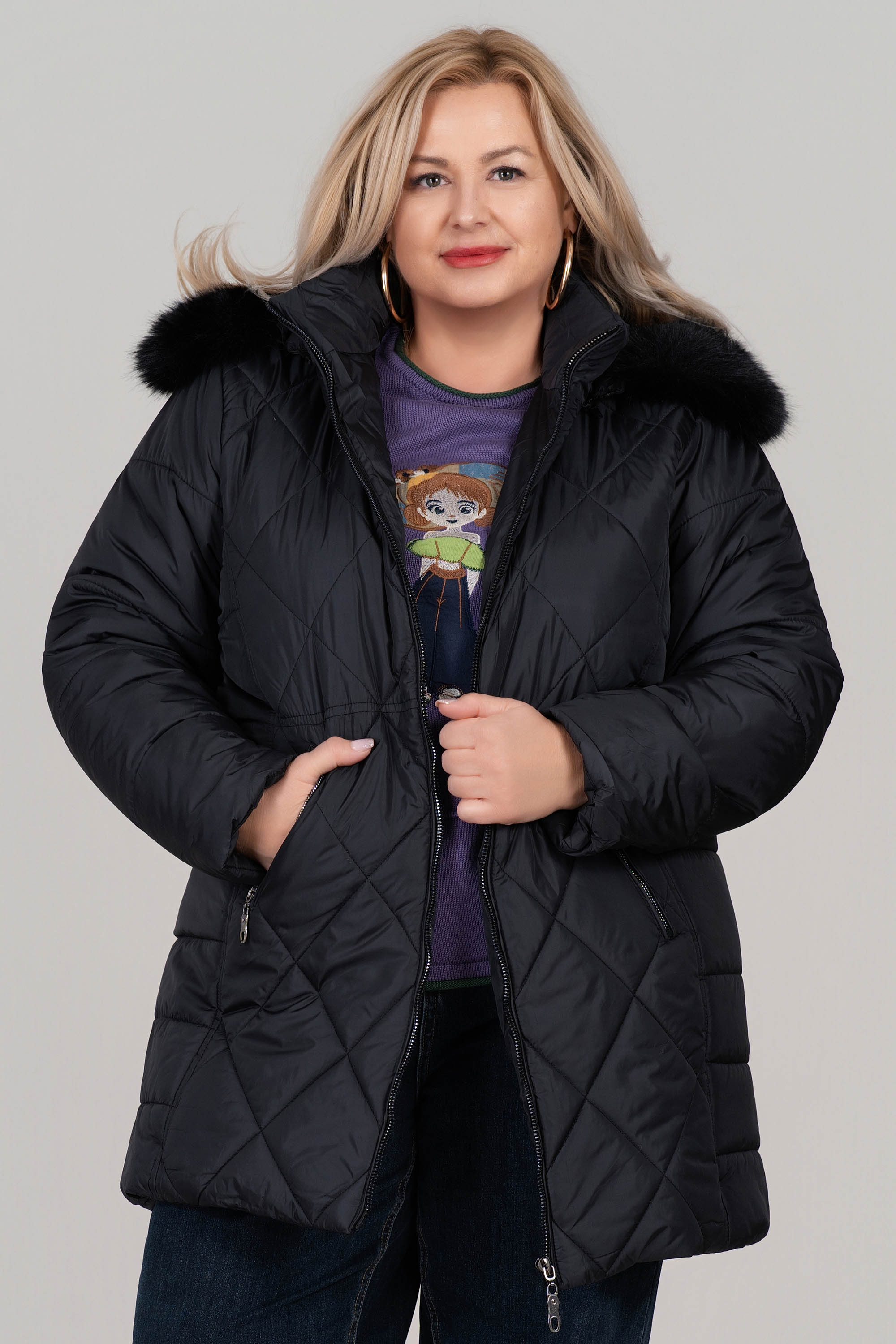 МАКСИ зимно яке в черно с топла подплата и качулка с пух