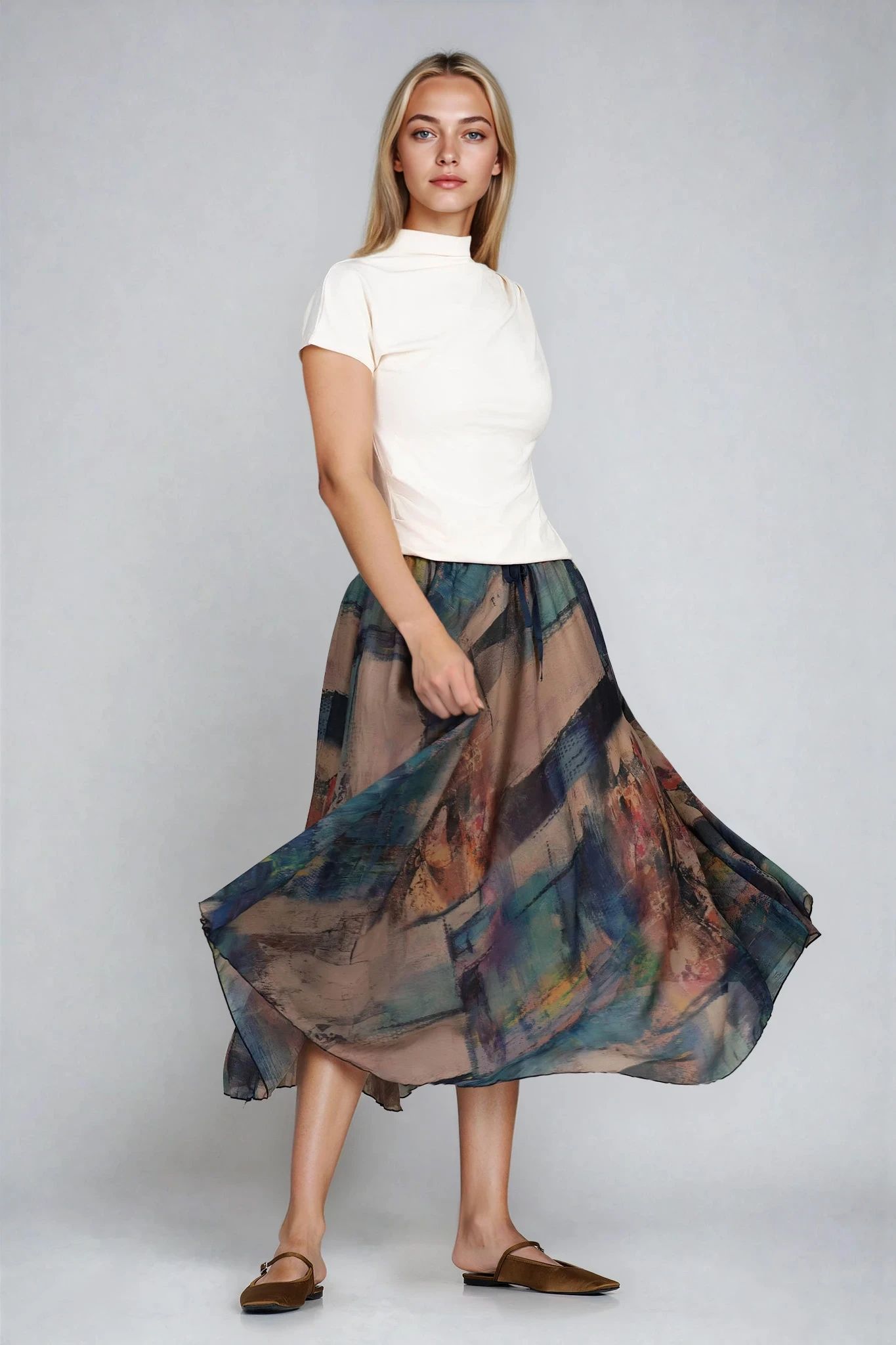 Пола с акварелен флорален принт в бежово, кафяво и тъмносиньо